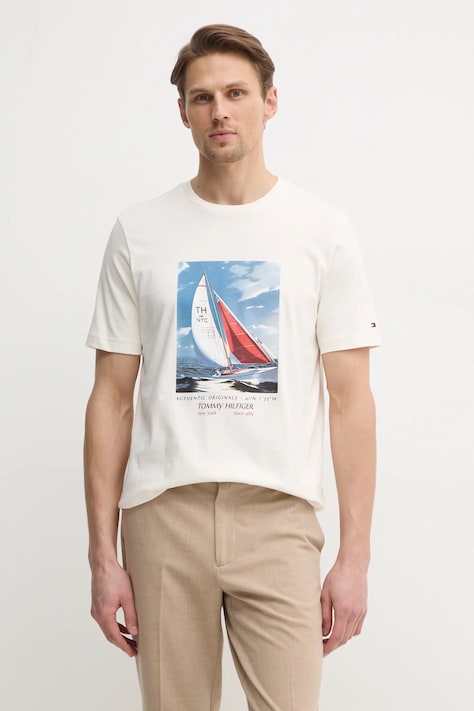 Хлопковая футболка Tommy Hilfiger мужская цвет бежевый с принтом MW0MW38615