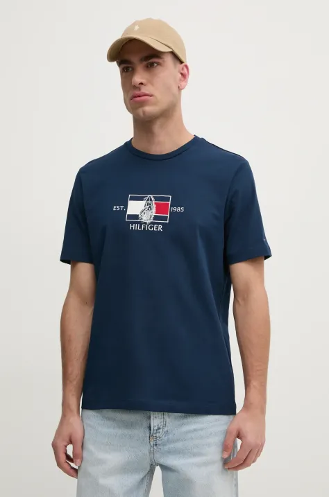 Tommy Hilfiger tricou din bumbac barbati, culoarea albastru marin, cu imprimeu, MW0MW38628