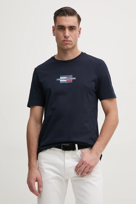 Tommy Hilfiger tricou din bumbac barbati, culoarea albastru marin, cu imprimeu, MW0MW38636