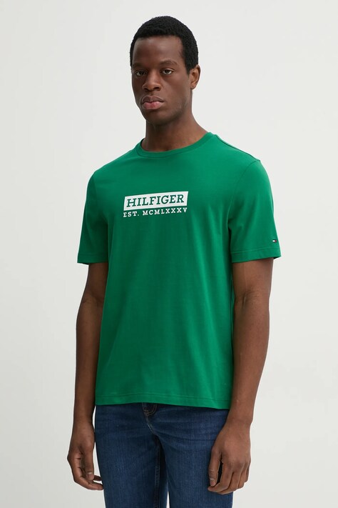 Tommy Hilfiger tricou din bumbac bărbați, culoarea verde, cu imprimeu, MW0MW39149