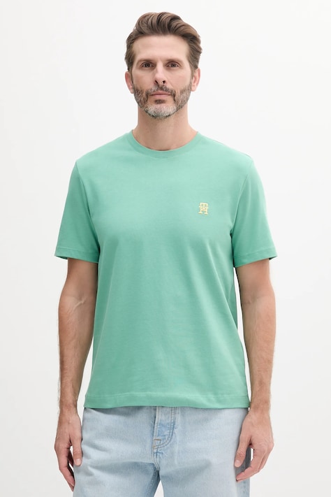 Bavlněné tričko Tommy Hilfiger zelená barva, s aplikací, MW0MW39256