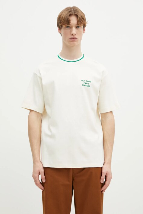 Памучна тениска Drôle de Monsieur Le T-Shirt Slogan Sport в бежово с изчистен дизайн F-TS189-CO002-CM