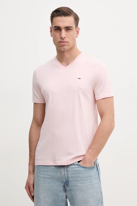 Tommy Jeans tricou barbati, culoarea roz, neted, DM0DM20364
