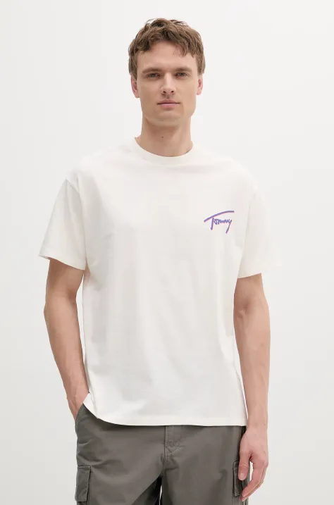Tommy Jeans t-shirt bawełniany męski kolor beżowy z nadrukiem DM0DM20768