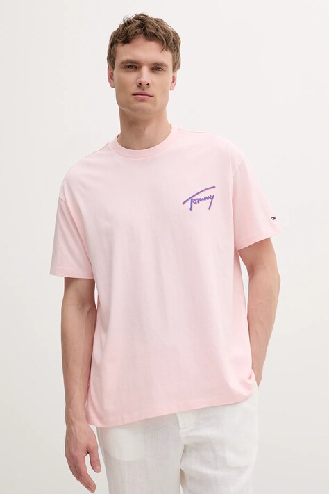 Bavlněné tričko Tommy Jeans pánské, růžová barva, s potiskem, DM0DM20768
