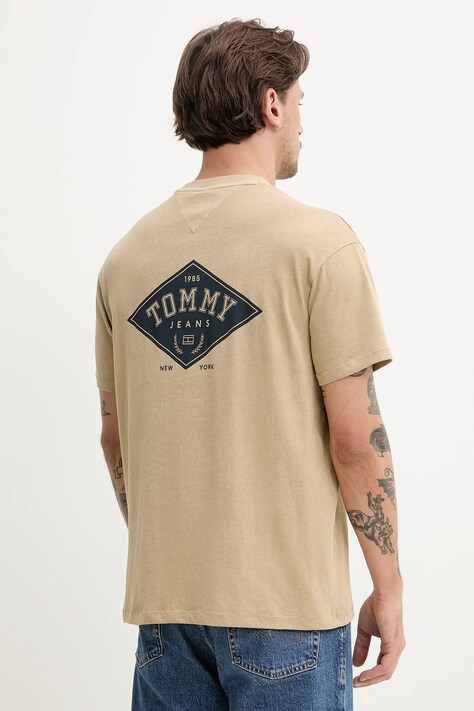 Bavlněné tričko Tommy Jeans zelená barva, s potiskem, DM0DM20806