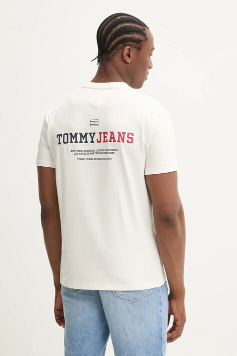 Tommy Jeans tricou din bumbac bărbați, culoarea bej, cu imprimeu, DM0DM20815