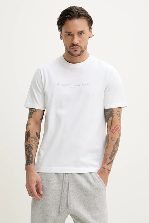 Pamučna majica Abercrombie & Fitch za muškarce, boja: bijela, s aplikacijom, KI175-5130