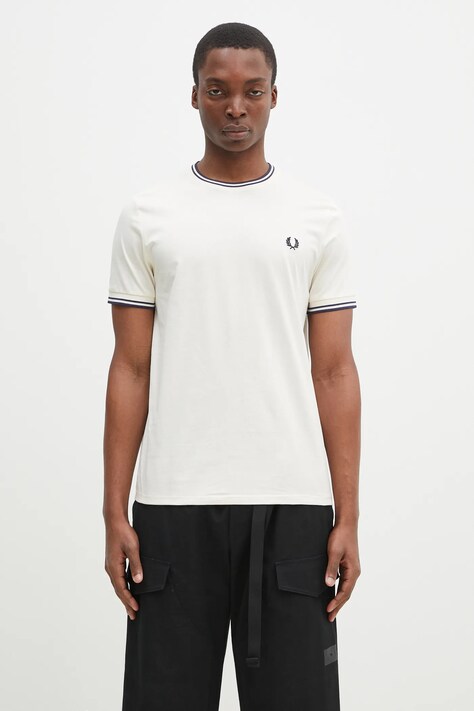 Бавовняна футболка Fred Perry чоловіча колір бежевий однотонна M1588.Y24