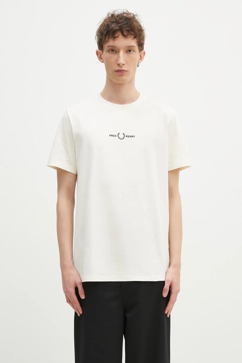 Fred Perry cotton t-shirt men’s beige color with an application M4580.F79