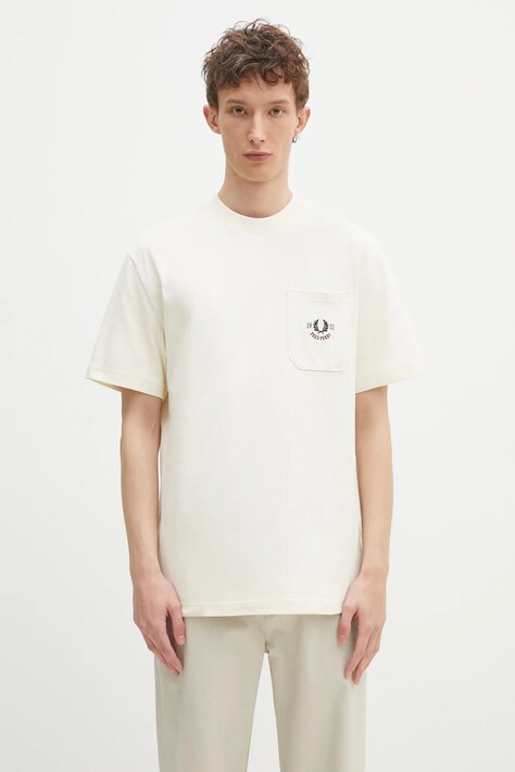 Fred Perry cotton t-shirt men’s beige color with an application M9827.560