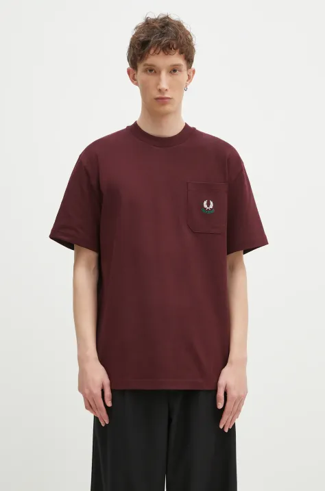 Bavlnené tričko Fred Perry pánske, bordová farba, s nášivkou, M9827.597