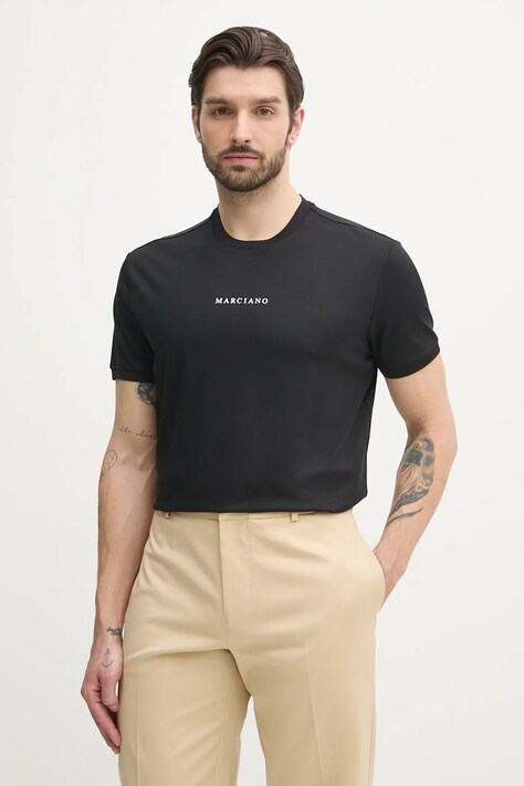 Marciano Guess t-shirt z domieszką jedwabiu męski kolor czarny z nadrukiem 5GHI08 6323A