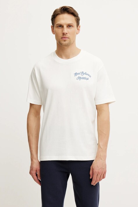 New Balance tricou din bumbac barbati, culoarea bej, cu imprimeu, MT43556SST