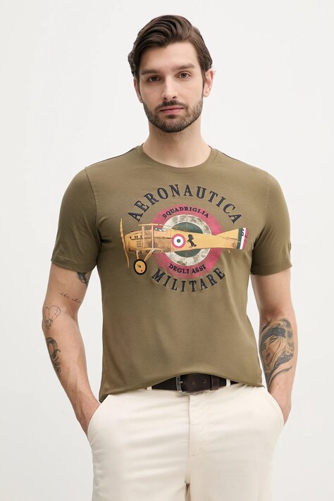 Bavlnené tričko Aeronautica Militare pánske, zelená farba, s potlačou, TS2414J641