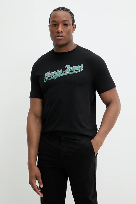 Guess Jeans tricou din bumbac barbati, culoarea negru, cu imprimeu, M5GI54 K8FQ4