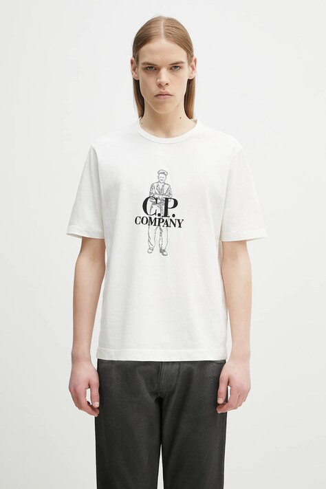 C.P. Company tricou din bumbac barbati, culoarea alb, cu imprimeu, 18CMTS288A006057O