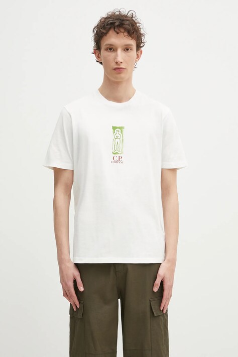C.P. Company tricou din bumbac barbati, culoarea bej, cu imprimeu, 18CMTS310A005431G