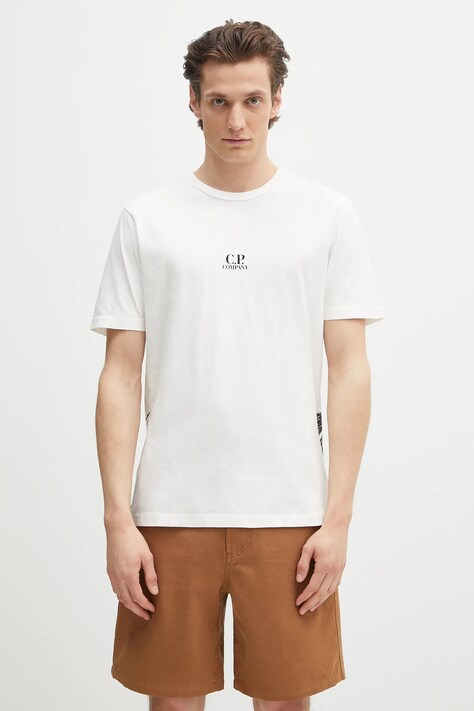 C.P. Company tricou din bumbac bărbați, culoarea alb, cu imprimeu, 18CMTS317A005431G