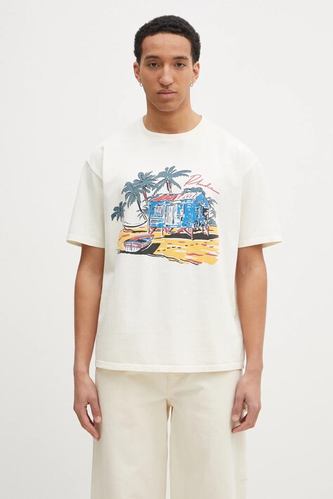 Хлопковая футболка RHUDE Beach-Side мужская цвет бежевый с принтом RHPS25TT11012