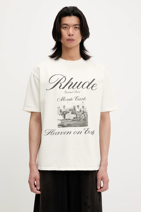 Памучна тениска RHUDE Heaven On Earth в бежово с принт RHSS25TT07012