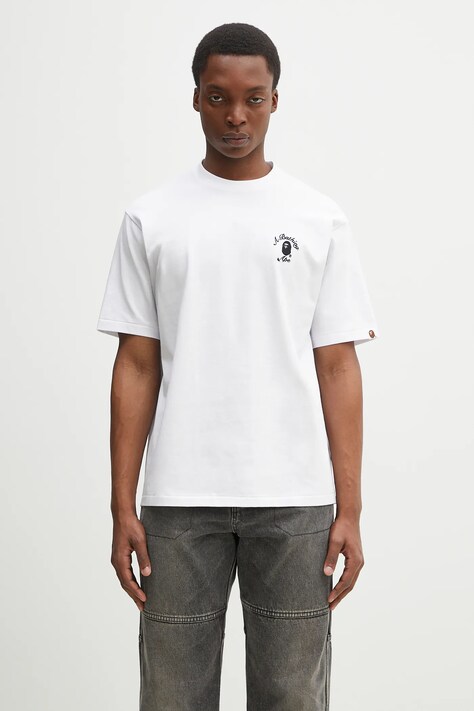 A Bathing Ape tricou din bumbac One Point College bărbați, culoarea alb, cu imprimeu, 1L30110304