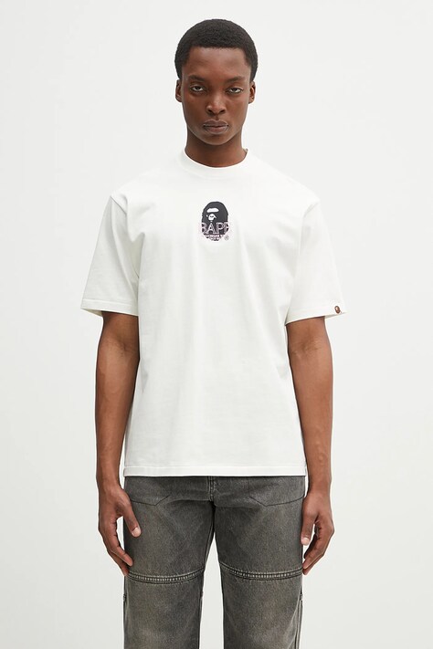 A Bathing Ape tricou din bumbac Ape Head bărbați, culoarea bej, cu imprimeu, 1L30110305