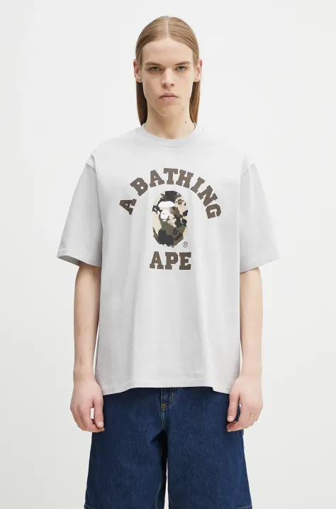 Bavlnené tričko A Bathing Ape Map Camo College pánske, šedá farba, s potlačou, 1L30110323