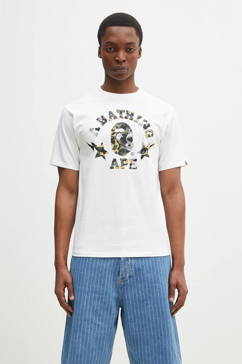 A Bathing Ape tricou din bumbac 1St Camo Crazy Sta College bărbați, culoarea alb, cu imprimeu, 1L30110016