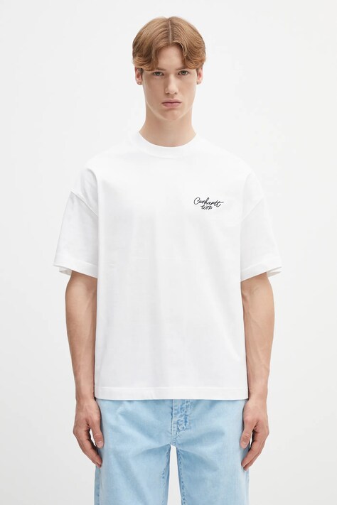 Бавовняна футболка Carhartt WIP S/S Signature Script T-Shirt колір білий з аплікацією I033828.00AXX