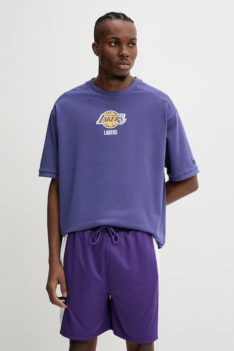 Bavlněné tričko New Era Lakers pánské, fialová barva, s aplikací, 60596460