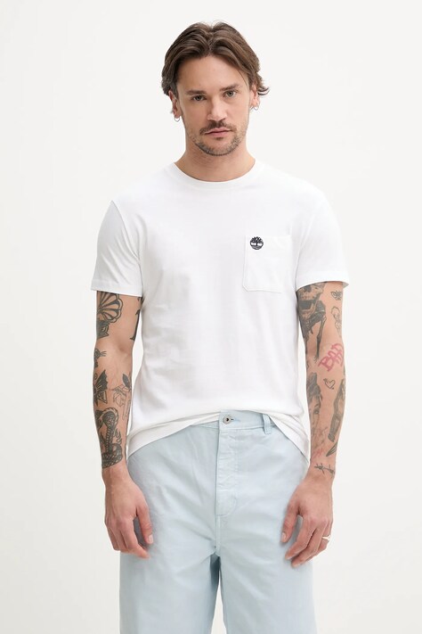 Timberland tricou din bumbac bărbați, culoarea alb, uni, TB0A2CQY1001
