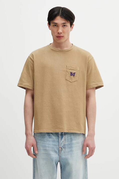 Needles cotton t-shirt S/S Papillon Emb. Pocket green color with an application QV357