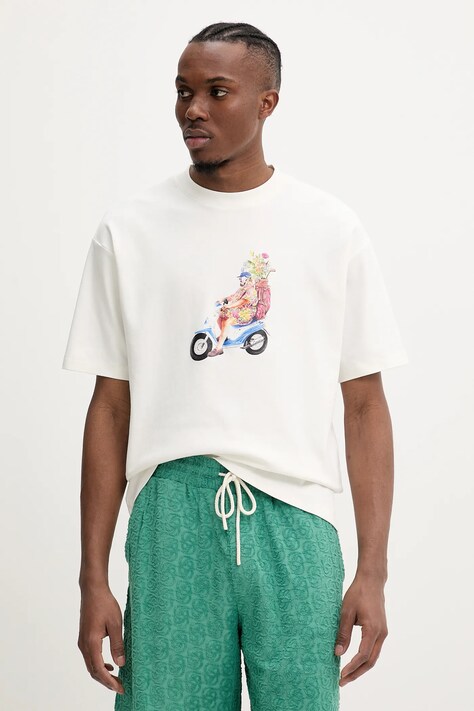 Bavlněné tričko Drôle de Monsieur Le T-Shirt Golfeur pánské, béžová barva, s potiskem, G-TS236-CO002-OW