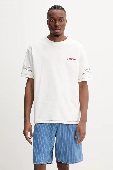 Drôle de Monsieur tricou din bumbac Le T-Shirt Club House culoarea bej, cu imprimeu, G-TS240-CO134-OW