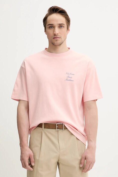 Bavlněné tričko Drôle de Monsieur Le T-Shirt Slogan Cursive pánské, růžová barva, s potiskem, G-TS209-CO002-LPI