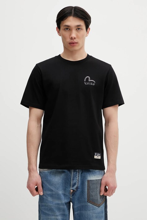 Βαμβακερό μπλουζάκι Evisu Logo EMB SS ανδρικό, χρώμα: μαύρο, 2ESHTM5TS1137