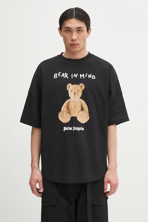 Памучна тениска Palm Angels Bear In Mind Over в черно с принт PMAA002S25JER0021060