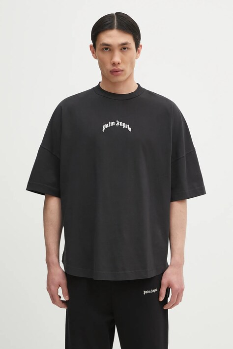 Palm Angels t-shirt bawełniany Back Curved Logo Over męski kolor czarny z nadrukiem PMAA002S25JER0011003