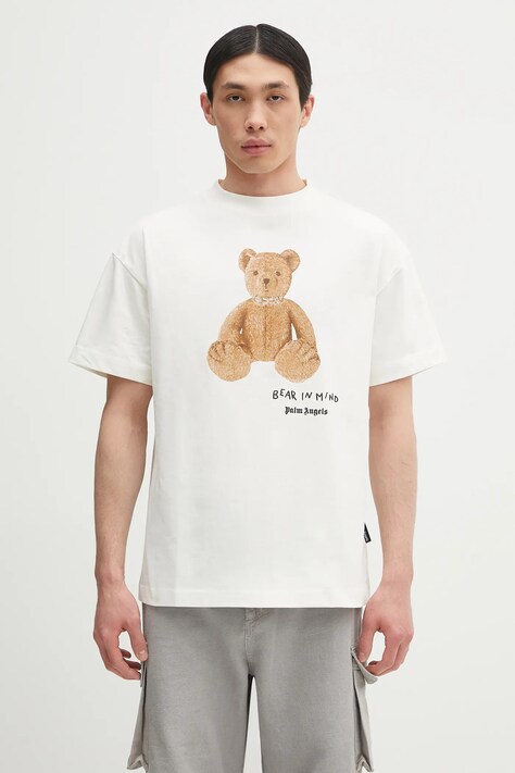 Памучна тениска Palm Angels Bear In Mind Reg в бежово с принт PMAA001S25JER0050360