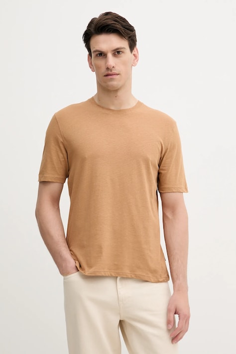 Sisley tricou din amestec de in culoarea maro, uni, 3D8FS104L