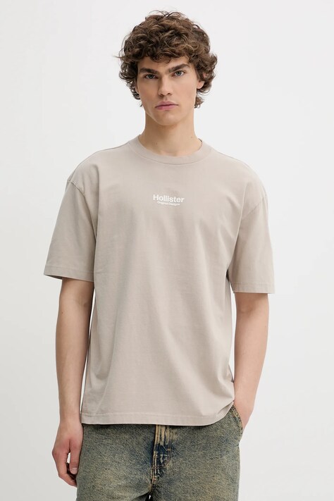 Bavlnené tričko Hollister Co. pánske, béžová farba, s nášivkou, KI323-5007