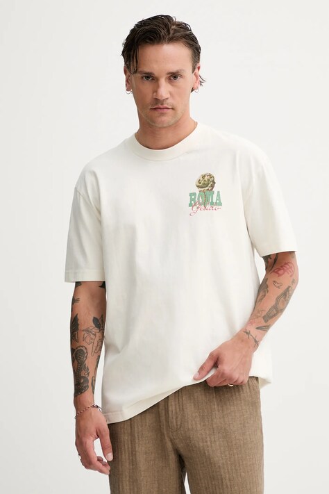 Hollister Co. tricou din bumbac culoarea bej, cu imprimeu, KI323-5271