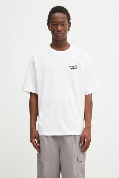 Maison Kitsuné t-shirt bawełniany Maison Kitsune Handwriting Embroidery męski kolor biały z aplikacją OM00123KJ0119