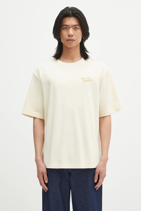 Maison Kitsuné tricou din bumbac Maison Kitsune Handwriting Embroidery culoarea bej, cu imprimeu, OM00123KJ0119