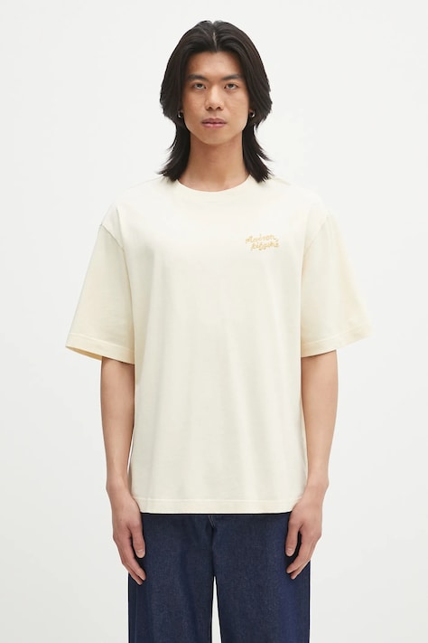 Maison Kitsuné t-shirt bawełniany Maison Kitsune Handwriting Embroidery męski kolor beżowy z aplikacją OM00123KJ0119