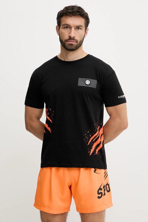 PLEIN SPORT t-shirt bawełniany męski kolor czarny z nadrukiem PS25MTS02
