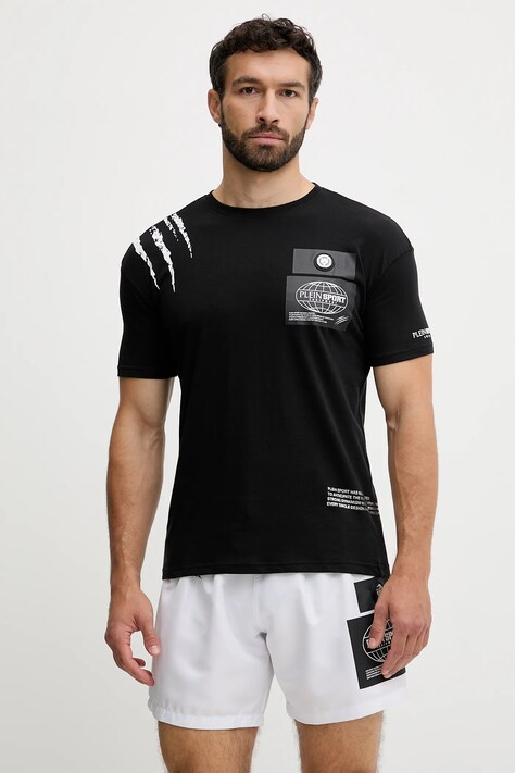 PLEIN SPORT t-shirt bawełniany męski kolor czarny z nadrukiem PS25MTS03
