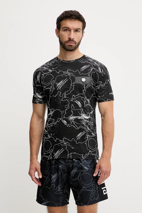 Βαμβακερό μπλουζάκι PLEIN SPORT ανδρικό, χρώμα: μαύρο, PS25MTS06