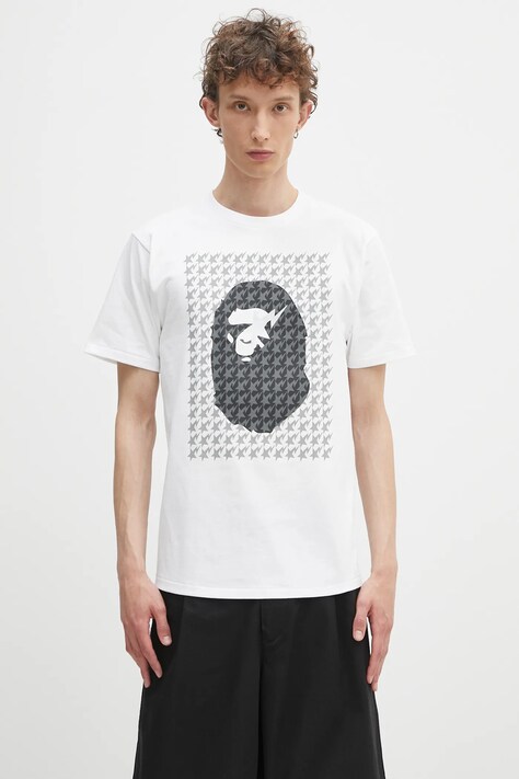 A Bathing Ape t-shirt bawełniany STA houndstooth APE head męski kolor biały z nadrukiem 1K80110035